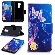 Ostop Painted Leather Wallet Case for LG G7 LG G7 ThinQ Case [Kickstand Feature] Rose Flowers Butterfly Printed Pattern Blue PU Magnetic Flip Cover with Card Slots Shockproof Shell - B07GLBKDWF